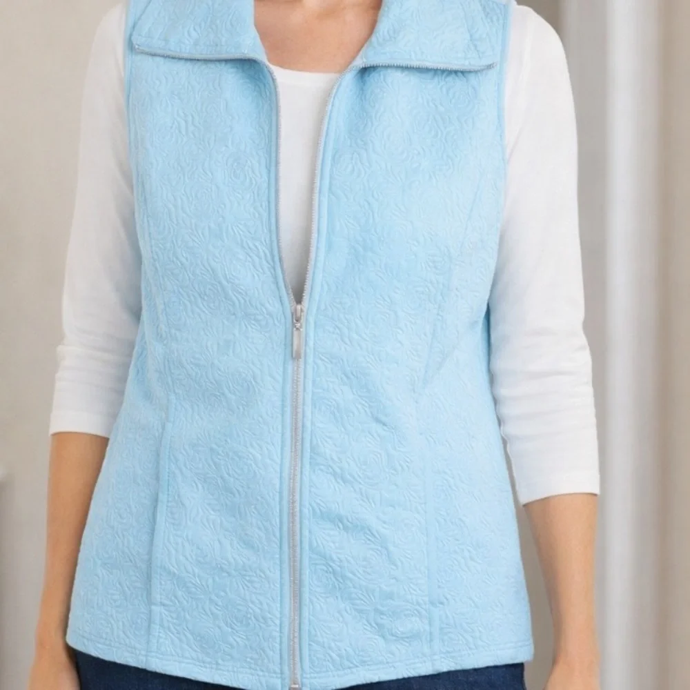 CHRISTOPHER & BANKS Sky Blue Floral Textured Full Zip Vest Size M - Picture 2 of 12